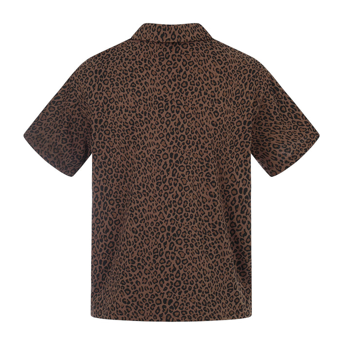 Brown leopard print short sleeve polo tee with a collar, shown from the back on a white background