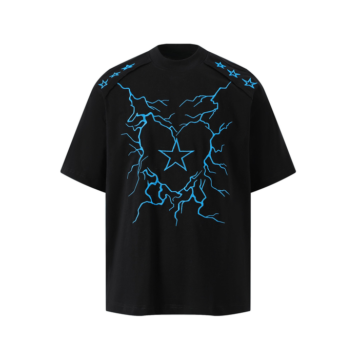 Black oversized graphic t-shirt with blue lightning bolt heart and star design on chest, star embroidery on shoulders
