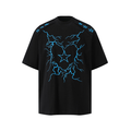 Black oversized graphic t-shirt with blue lightning bolt heart and star design on chest, star embroidery on shoulders