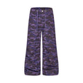 Purple camouflage wide-leg cargo pants with drawstring waist and utility pockets, front view
