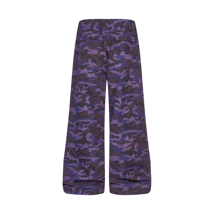 Purple and black camo wide-leg cargo pants, front view
