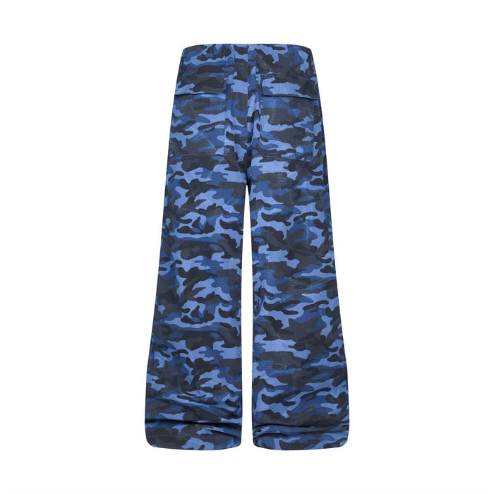 Blue camo wide-leg cargo pants, back view