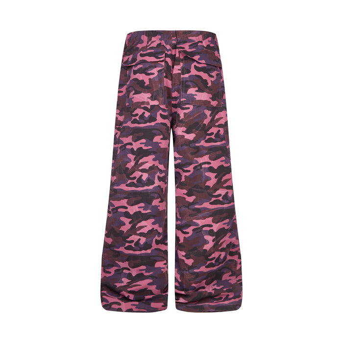 Pink camo wide-leg cargo pants, back view