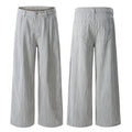 Front and back view of grey vertical striped relaxed wide-leg pants with button waist and patch back pocket