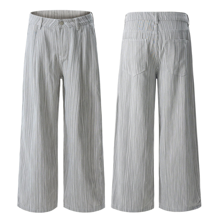 Front and back view of grey vertical striped relaxed wide-leg pants with button waist and patch back pocket