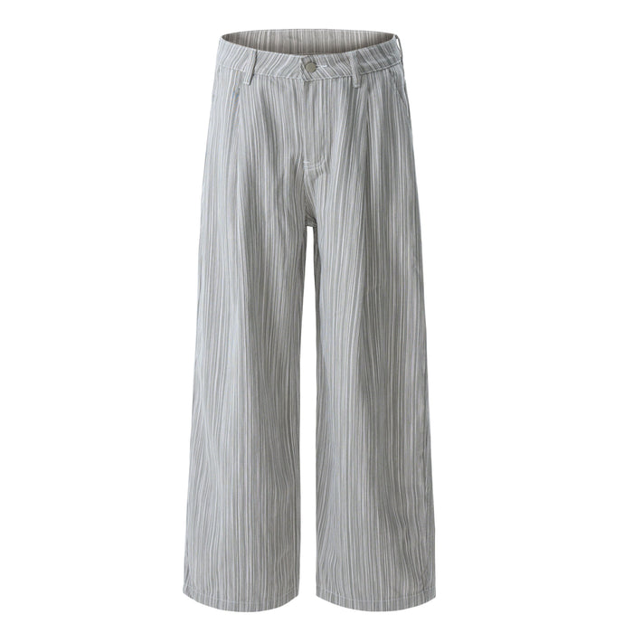 Gray striped wide-leg pants with a button waist and smooth drape, front view