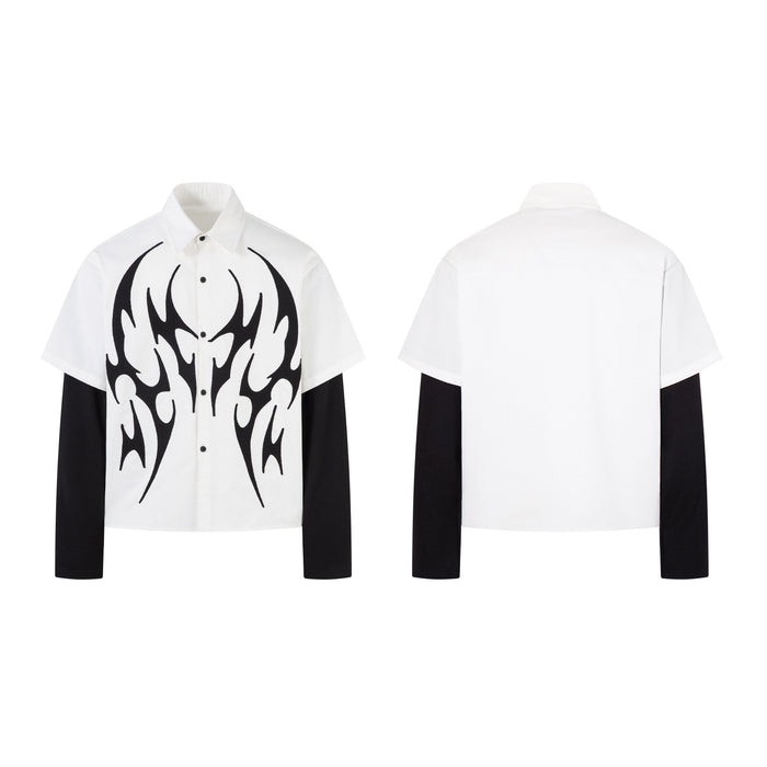 White short-sleeve button-up shirt with black tribal flame graphic and integrated black long sleeves, front and back view