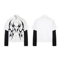 White short-sleeve button-up shirt with black tribal flame graphic and integrated black long sleeves, front and back view