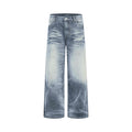 Front view of light faded blue wide-leg jeans with washed denim and subtle whiskering