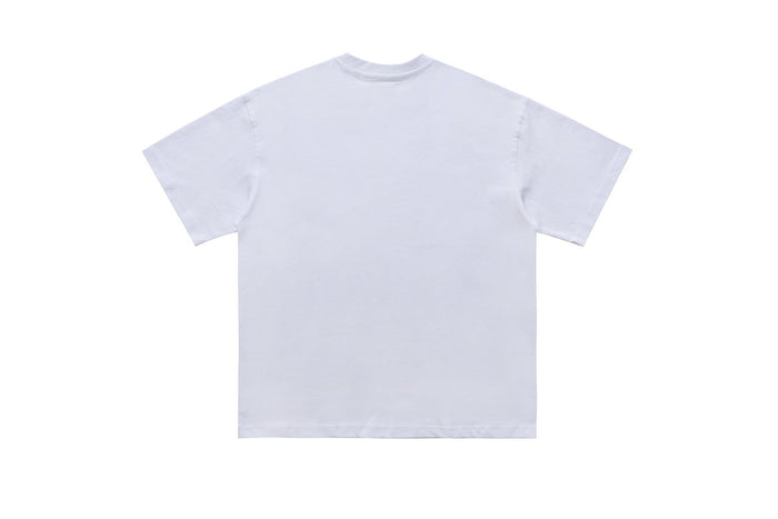 Back view of a plain white short-sleeve graphic tee with a relaxed streetwear fit on a white background
