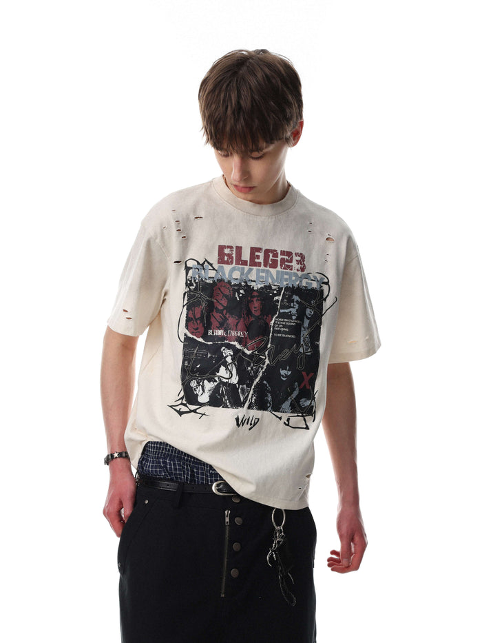 Distressed beige graphic band tee with ripped details and bold Black Energy print on a relaxed fit model