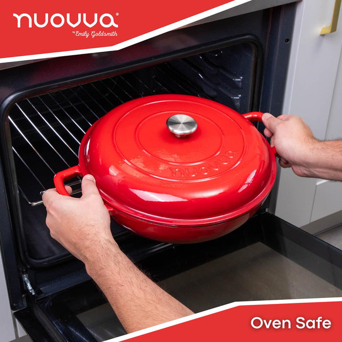 Nuovva 4.5L shallow red cast iron casserole pot with lid - oven safe cookware for efficient cooking.