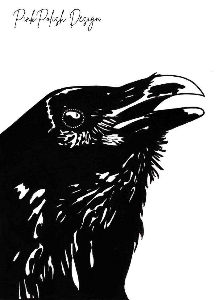PinkPolish Design Art Prints "Shiny Eyed Corvid"  Ink Drawing: Art Print