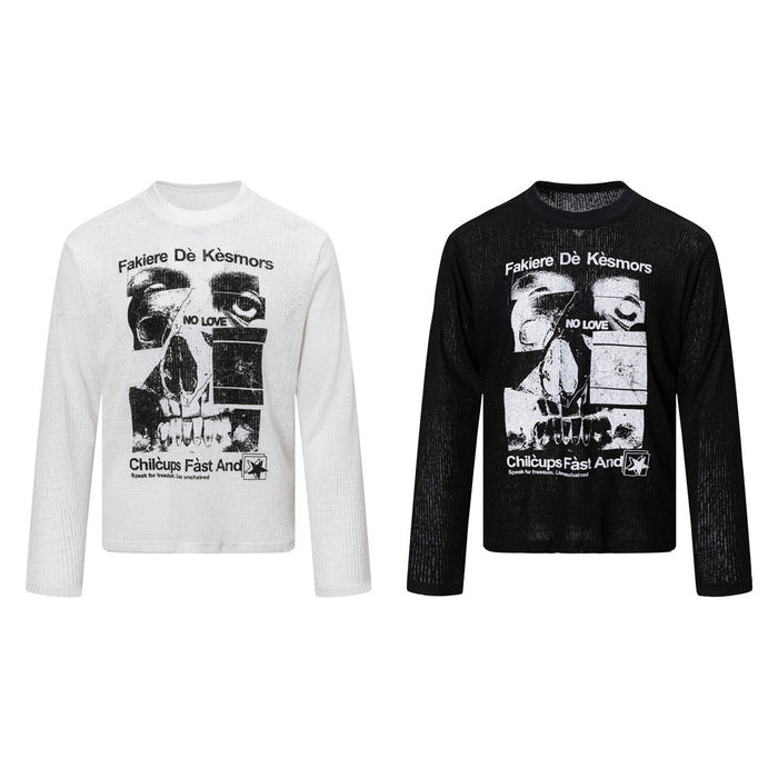White and black long sleeve ribbed crew neck shirts shown from the front with matching monochrome graphic prints