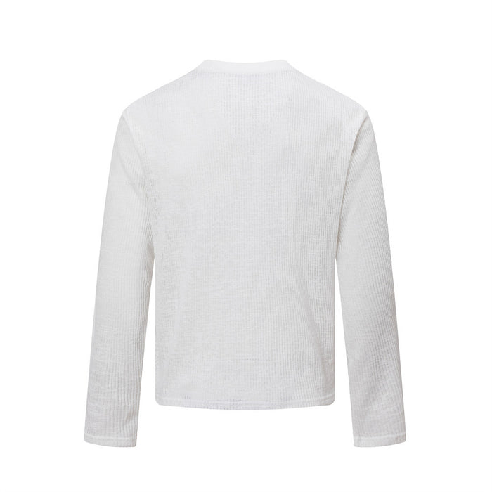 White ribbed long sleeve crew neck shirt shown from the back with a plain design