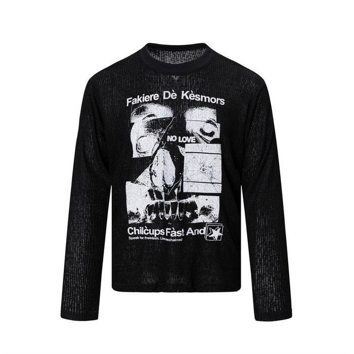 Black ribbed long sleeve crew neck shirt shown from the front with a large white graphic print