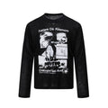 Black ribbed long sleeve crew neck shirt shown from the front with a large white graphic print