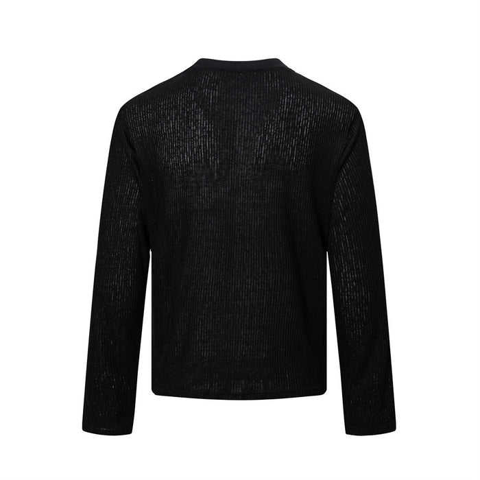 Black ribbed long sleeve crew neck shirt shown from the back with a plain textured design