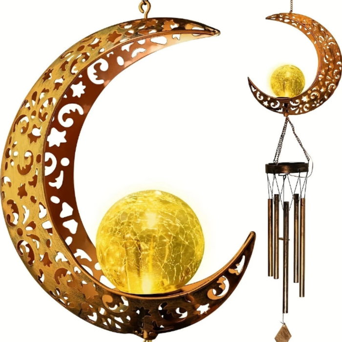Solar Outdoor Crescent Moon Wind Chime – LED Lighted Garden Hanging Decoration for Home, Balcony & Patio
