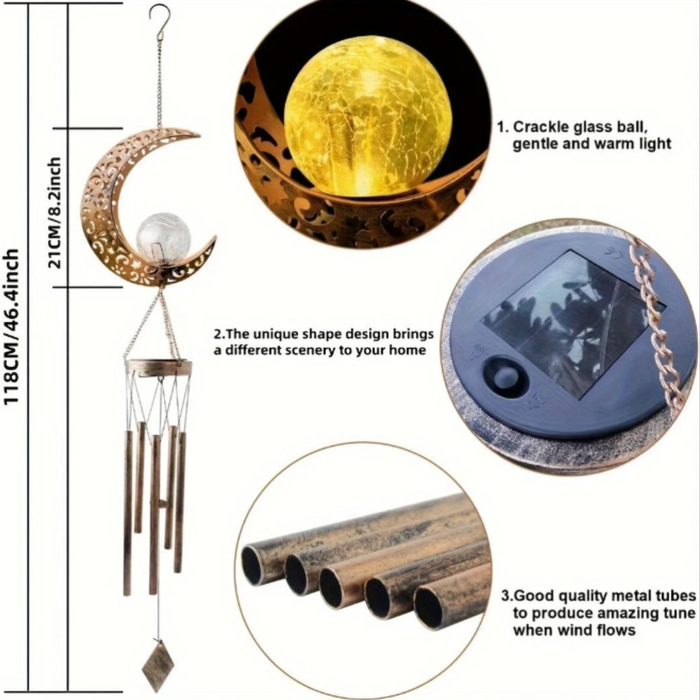 Solar Outdoor Crescent Moon Wind Chime – LED Lighted Garden Hanging Decoration for Home, Balcony & Patio