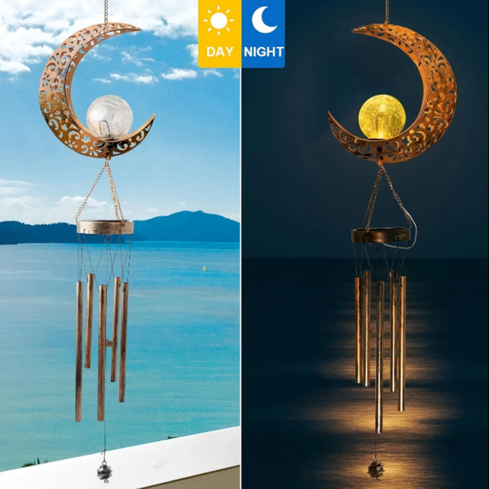 Solar Outdoor Crescent Moon Wind Chime – LED Lighted Garden Hanging Decoration for Home, Balcony & Patio