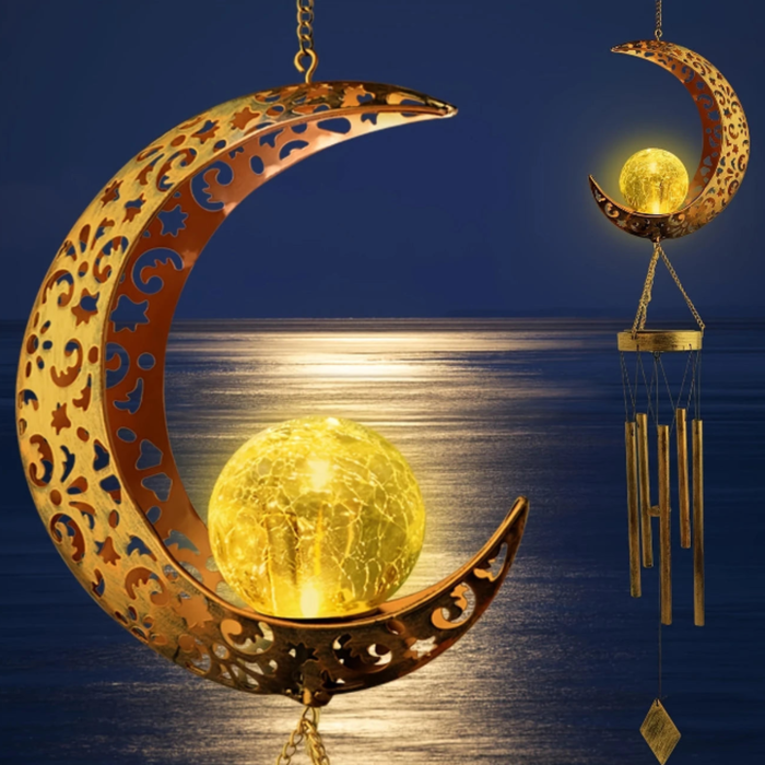 Solar Outdoor Crescent Moon Wind Chime – LED Lighted Garden Hanging Decoration for Home, Balcony & Patio