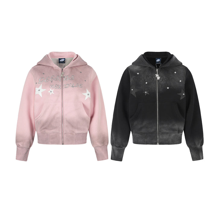 Front view of pink and black zip-up hoodies with star graphics, script lettering, hoods and front pockets