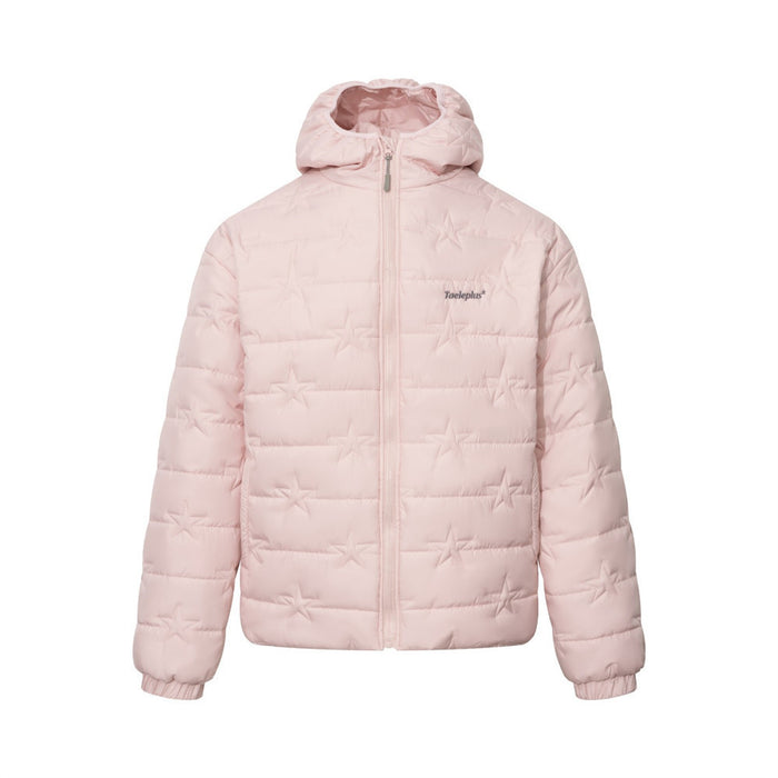 Taeleplus star-quilted hooded puffer jacket in pink, shown front and back with embossed five-point star pattern