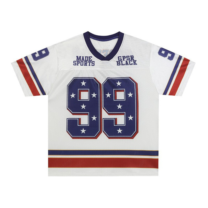 White retro football jersey with navy trim, red and blue stripes, and bold star-patterned number 99 on the front