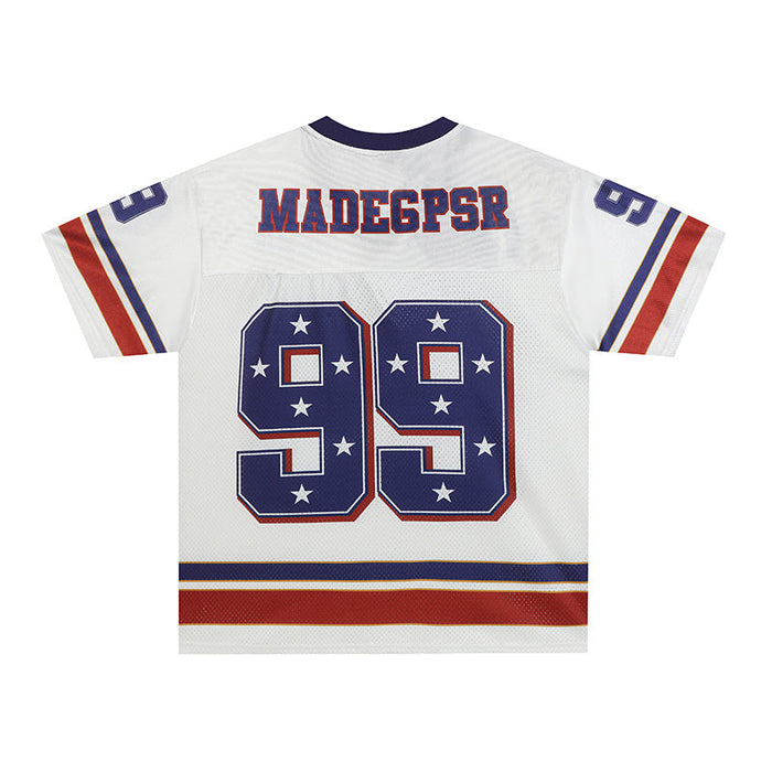 White retro football jersey with blue number 99, star details, red striping, and MADECPSR lettering on the back
