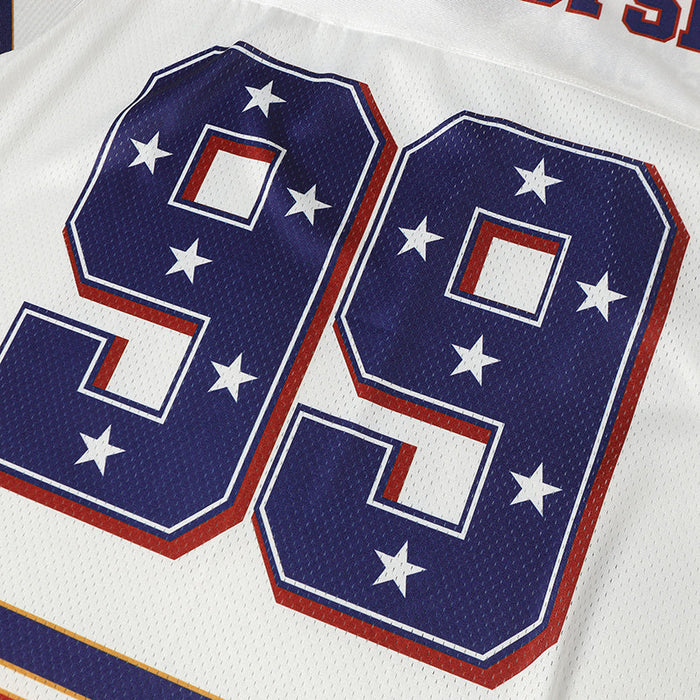 Retro football jersey with bold number 93 in navy and red star print on white mesh fabric