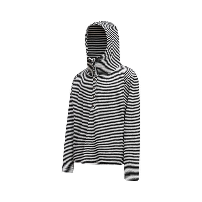 Black-and-white striped pullover hoodie shown from the front with hood and button placket