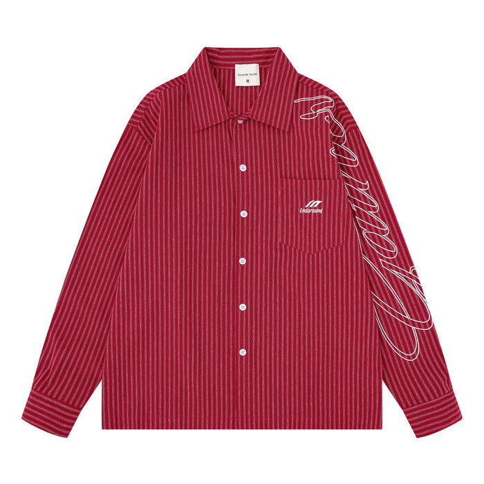 Red striped long sleeve shirt front view with chest pocket, button front, and sleeve script embroidery