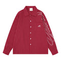 Red striped long sleeve shirt front view with chest pocket, button front, and sleeve script embroidery