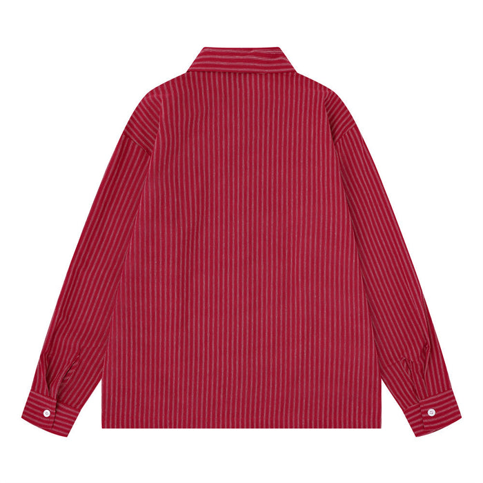 Red striped long sleeve shirt back view with oversized cut and buttoned cuffs