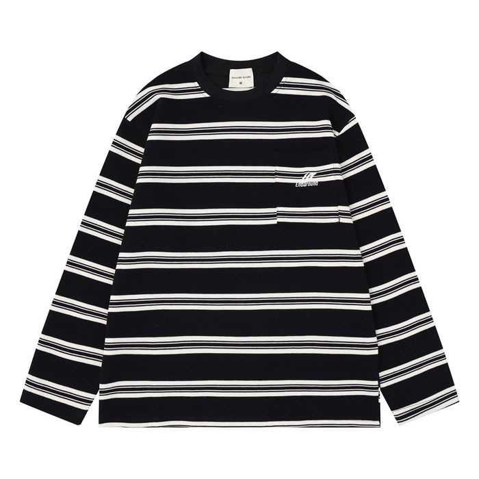 Men's oversized striped long sleeve t-shirt in black and cream with crew neck and chest pocket
