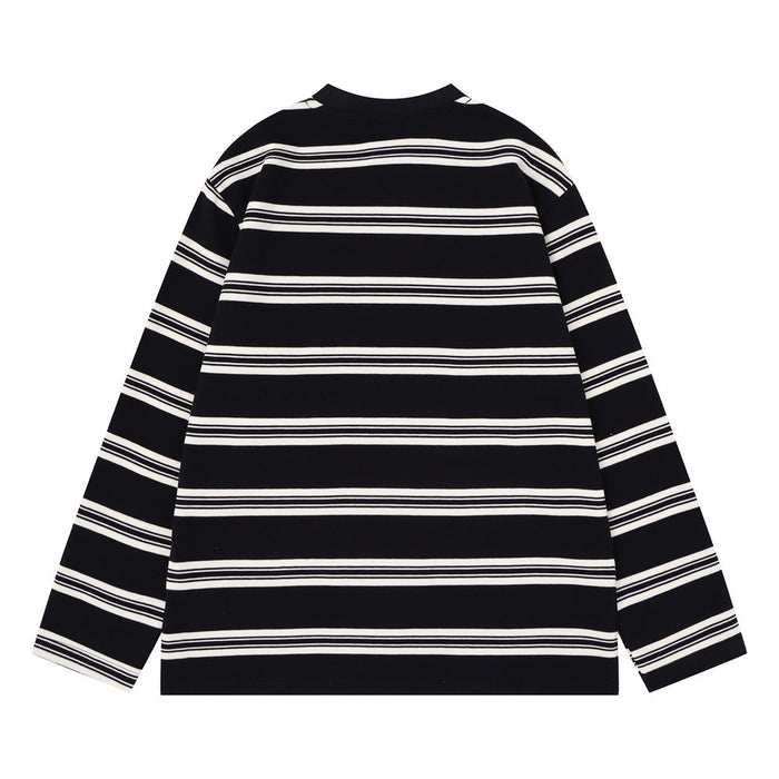 Black long-sleeve striped crew neck shirt shown from the back with horizontal white and gray stripes