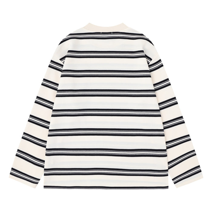 Cream striped long-sleeve shirt shown from the back with evenly spaced black horizontal stripes