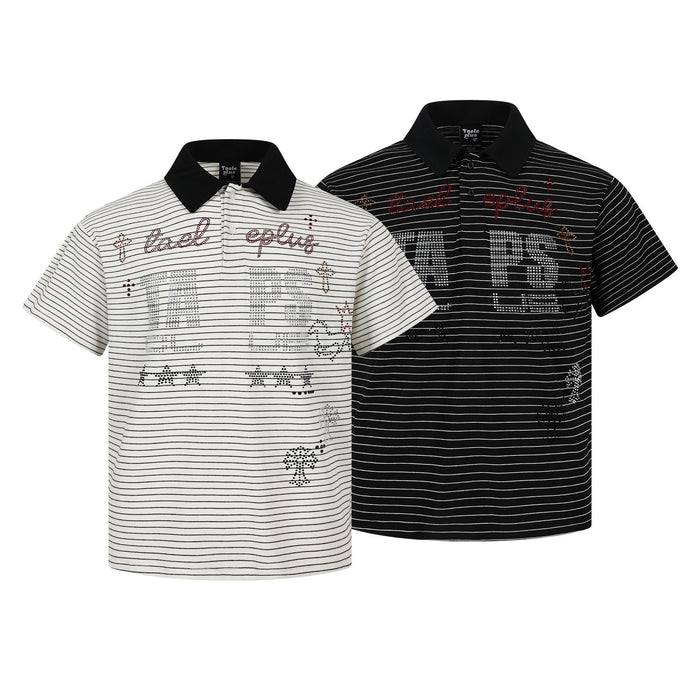 Front view of cream and black striped polo shirts with black collars and rhinestone chest graphics