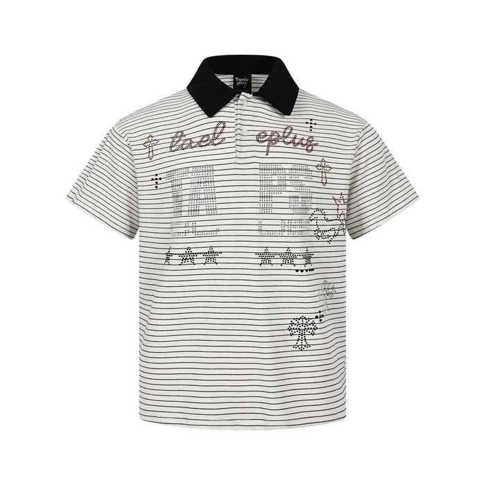 Black and white striped polo shirt with rhinestone letter and star graphic on chest, contrast black collar, short sleeve