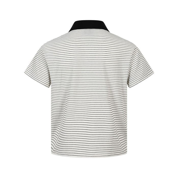 Back view of a cream polo shirt with thin black horizontal stripes and a solid black collar