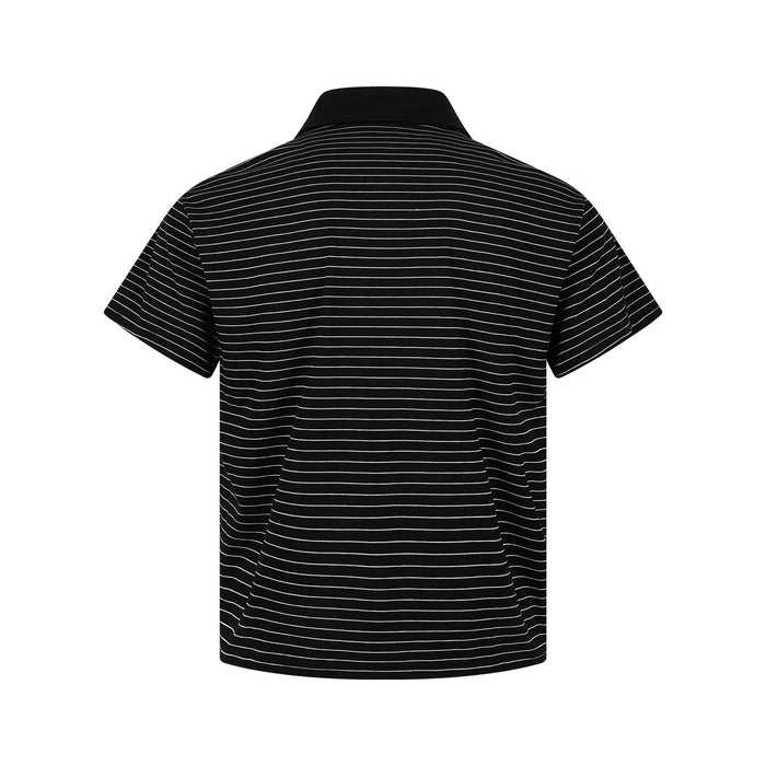 Back view of a black polo shirt featuring thin white horizontal stripes and a solid black collar