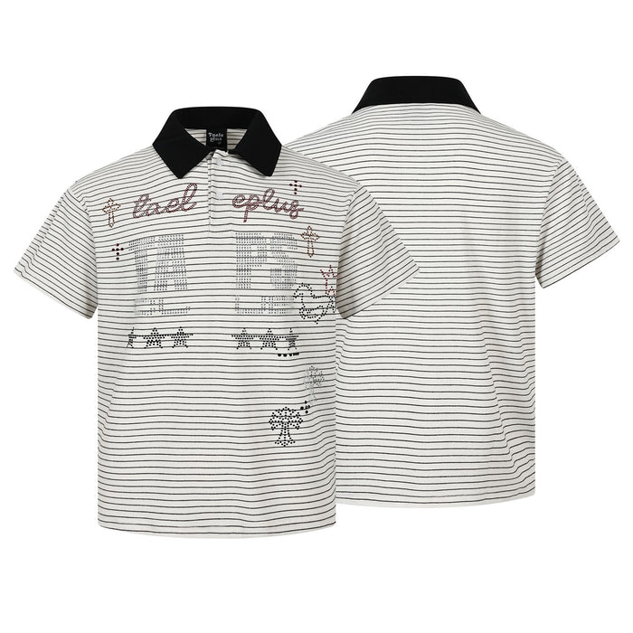 Cream striped polo shirt shown from the front beside its plain striped back, both with black collars