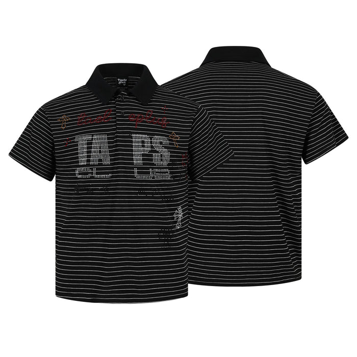 Black striped polo shirt shown from the front beside its striped back, featuring a black collar and rhinestone graphics