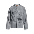 Men's grey striped long sleeve Henley shirt with abstract butterfly and hand-written text graphic print on the chest