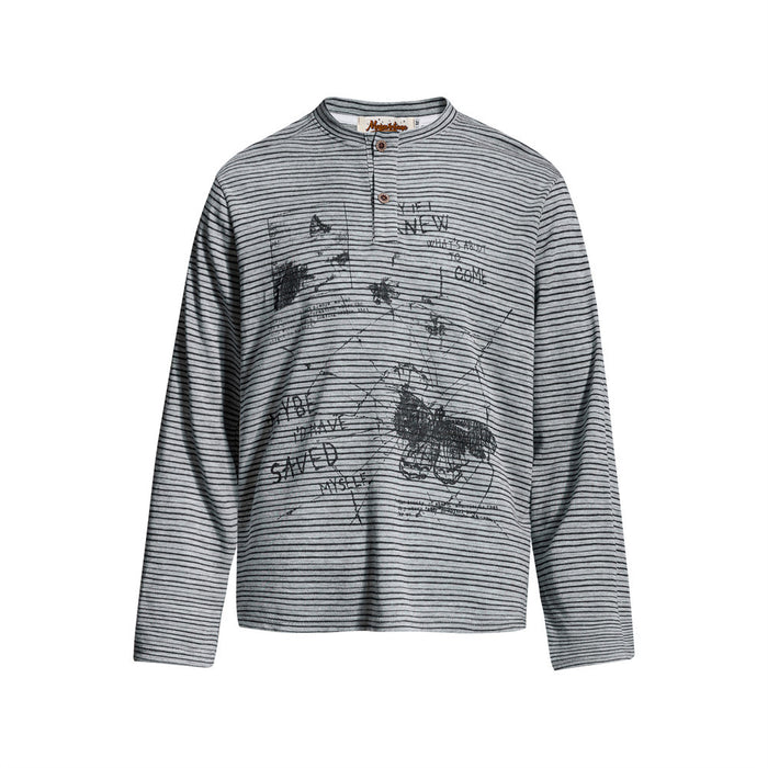 Men's grey striped long sleeve Henley shirt with abstract butterfly and hand-written text graphic print on the chest