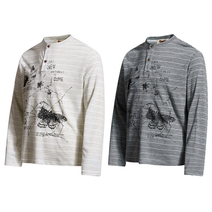 Two striped long-sleeve Henley shirts in cream and charcoal with abstract insect graphics