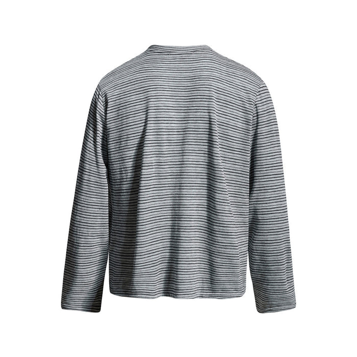 Back view of a charcoal and gray finely striped long-sleeve Henley shirt