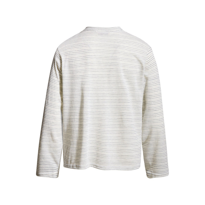 Back view of a cream shirt with thin gray stripes and long sleeves