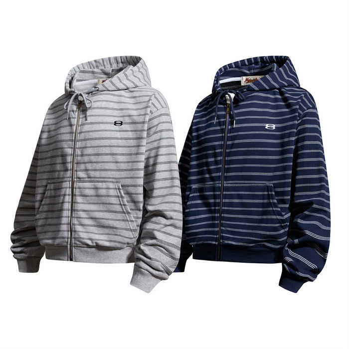 Striped full-zip hoodies shown from the front in light gray and navy with kangaroo pockets